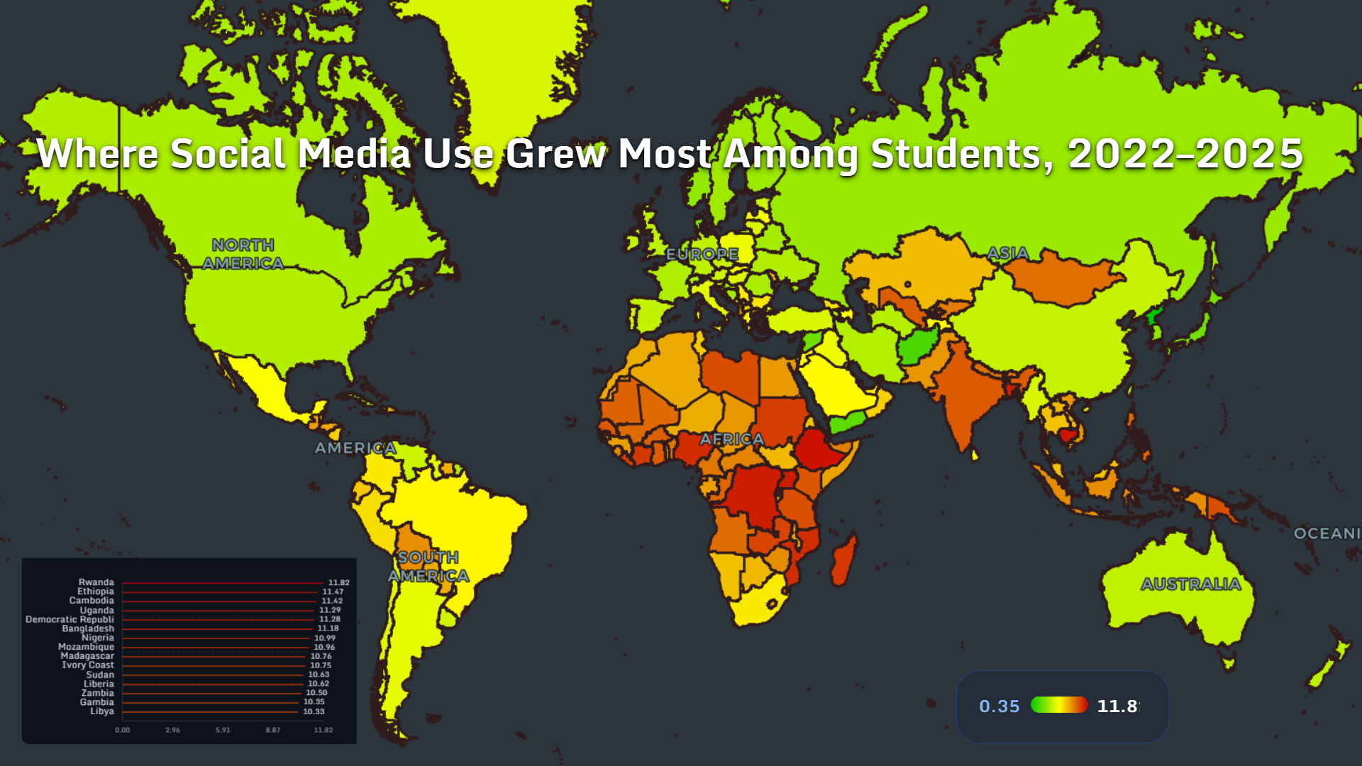 World map showing where social media use grew most among students between 2022 and 2025